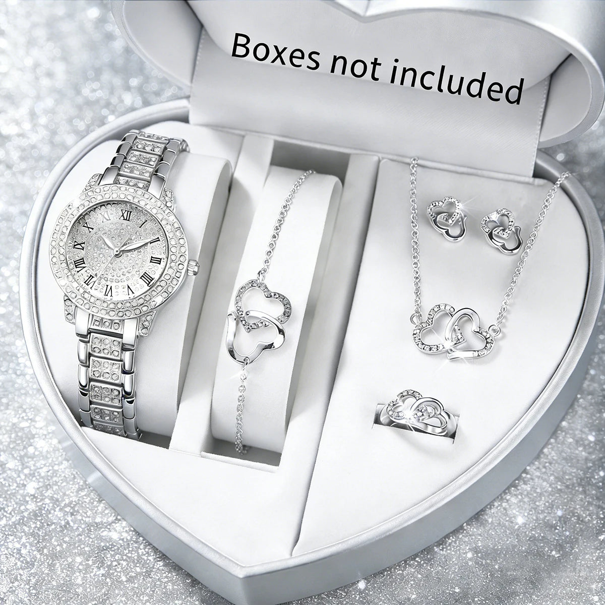 Luxury 5 In 1 Full Crystal Gold Watch Interlocking Heart Necklace Earrings Ring Bracelet Set Qme Silver B No Box-1