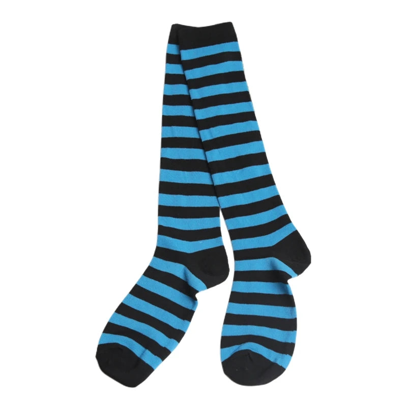 Women Black White Stripe Knee Socks Sweet Lolita Harajuku Stocking Qme SKY BLUE One Size