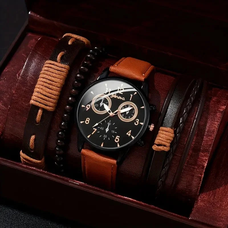4 Pcs/Set Fashion Men's Casual Watches Men's Leather Bracelet Quartz Watch Man Present Bracelets Set (Without Box) Qme 5