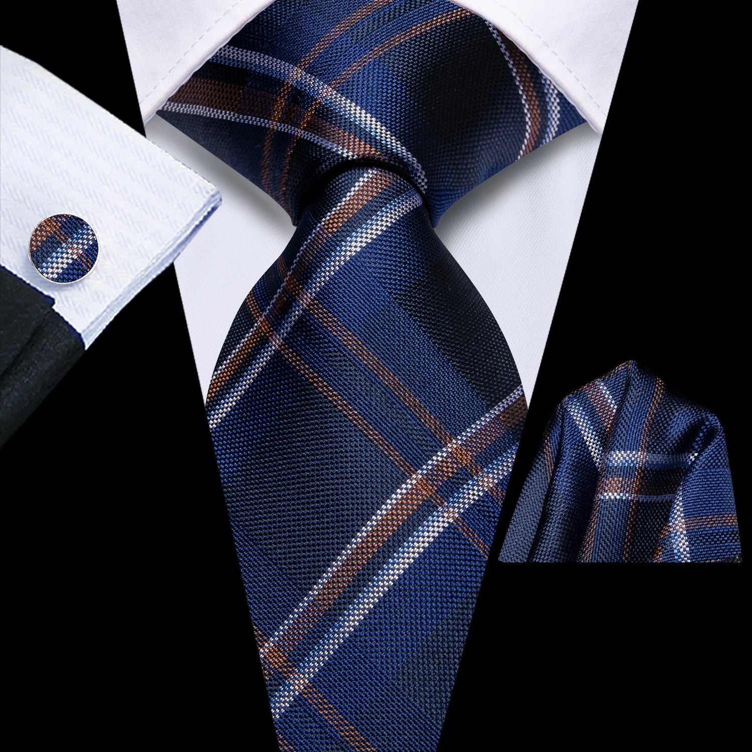 Hi-tie Mens Tie Blue Checks Plaids Silk Wedding Men Fashion Design Qme