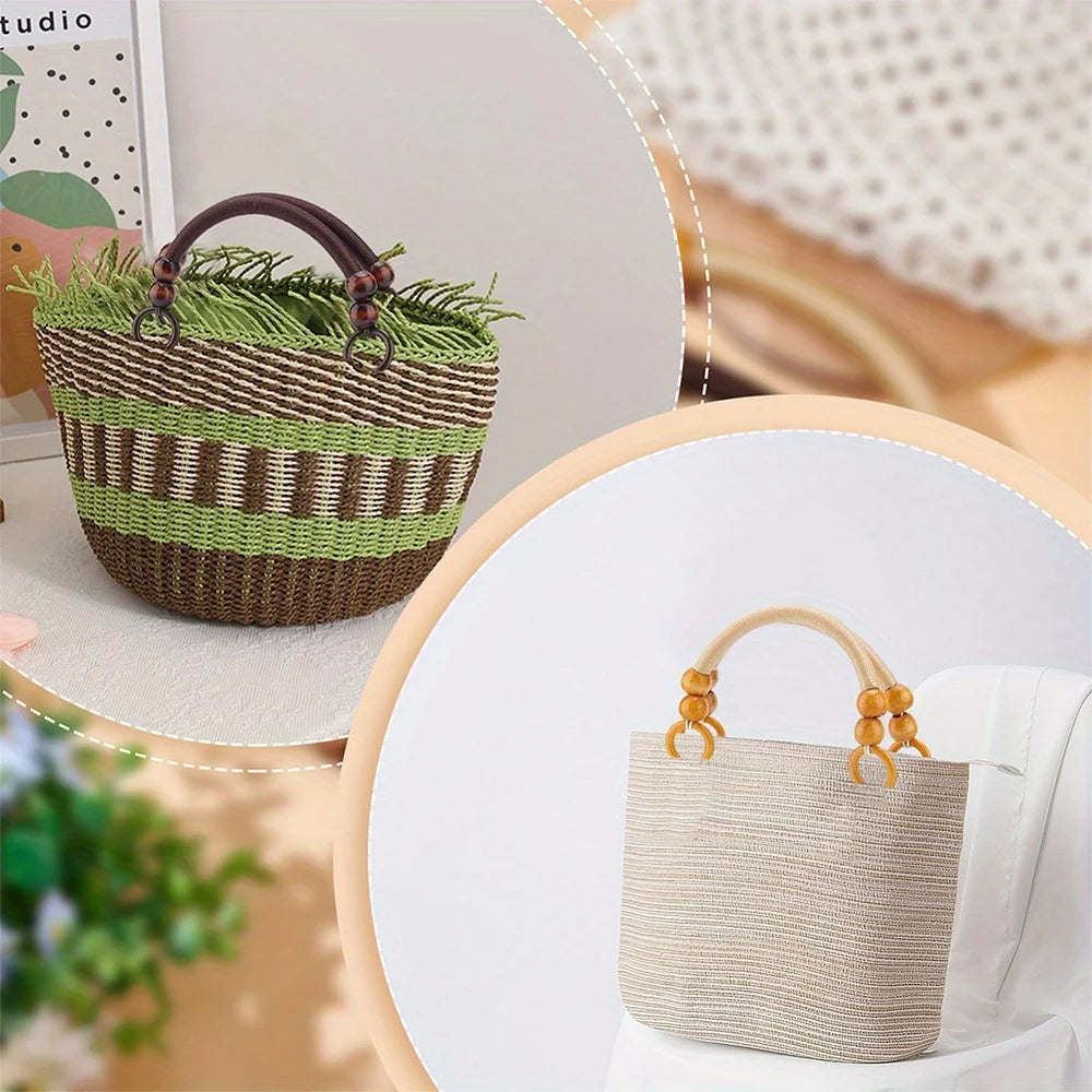 Wooden Bead Bag Handles, Retro Woven Nylon Rope Handbag Straps, Replacement Handles For DIY Crochet & Straw Bags, 3 Colors Qme