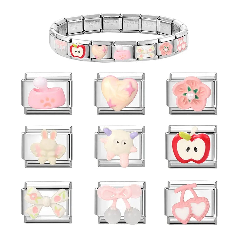 New Fashion Red Apple Cute Sheep Cherry Bow Knot Italian Charm Link fit 9mm Stainless Steel Jewelry DIY Making Bracelet Gifts Qme