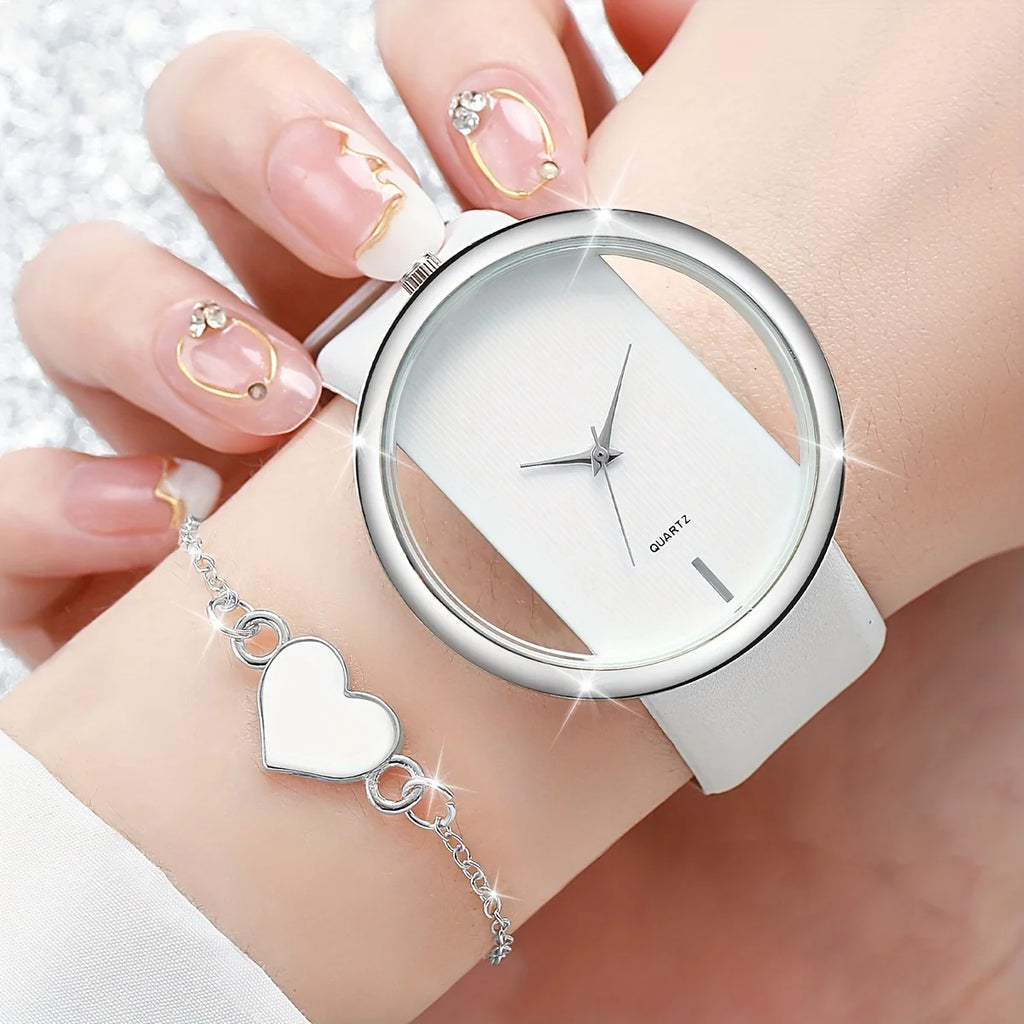 Silver hollowed out large dial, white belt, ladies' quartz watch, heart-shaped fine bracelet, two-piece set Qme HH10008