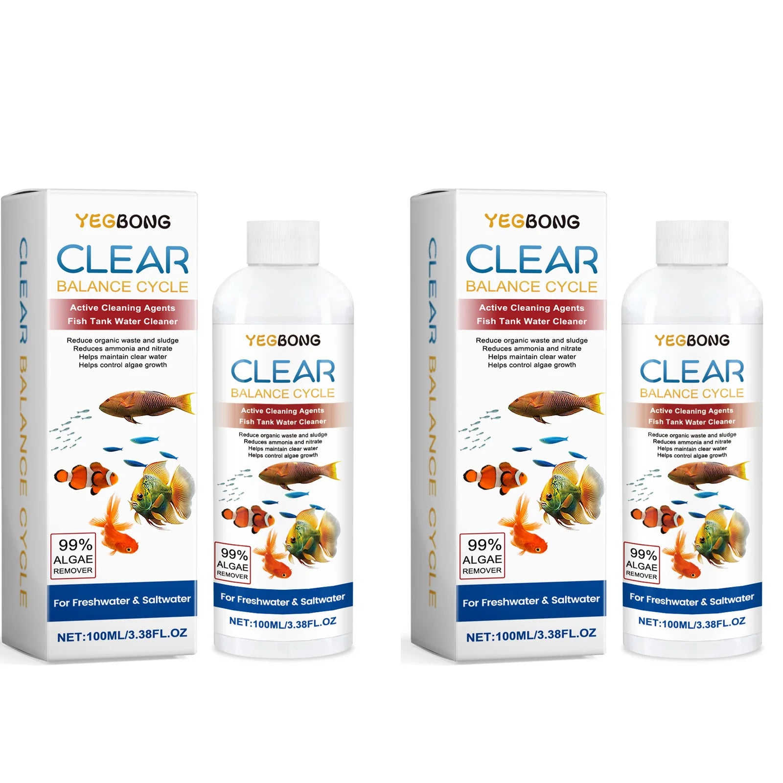 Fish Tank Water Clarifying Agent Quick Clean Stains and Sludge Control Algae Growth Water Purification Fish Tank Water Cleaner Qme 2 x 100ml Boxed