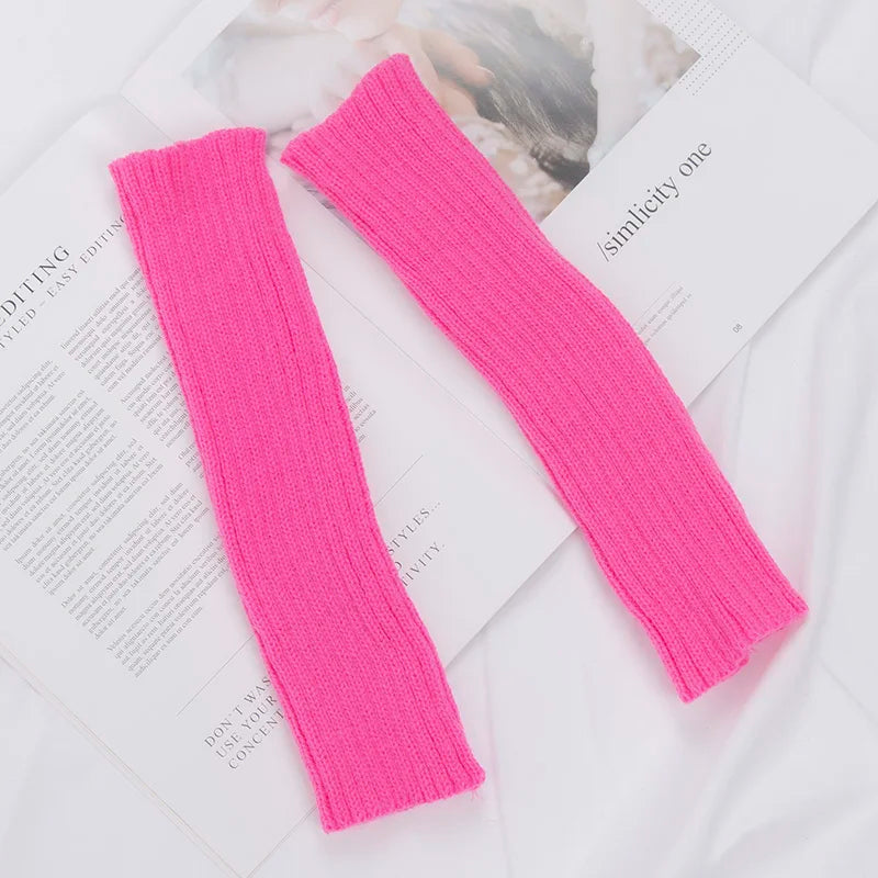 Long Fingerless Gloves Women Mitten Winter Arm Warmer Kawaii Knitted Qme Rose Red one size