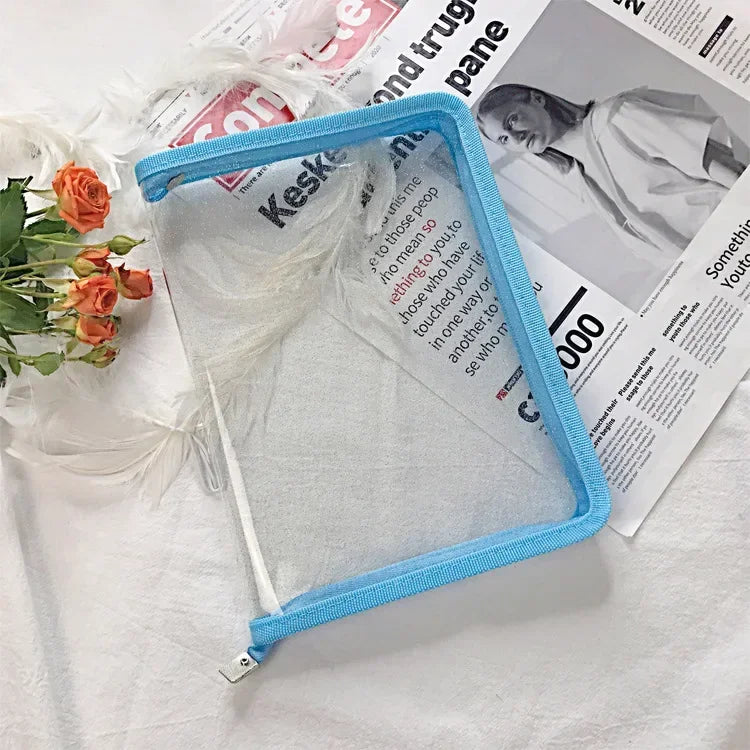 A5 Transparent Glitter PVC File Bag Student Stationery Storage Ins Color Wrapped Zipper Bag Simple Plastic Material Storage Bag Qme Blue
