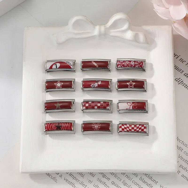 Fashion Personalized DIY Red Color Italian Charm Bracelet Stars Grids Bow Spider Web Bead 9mm Bracelet Stainless Steel Jewelrys Qme