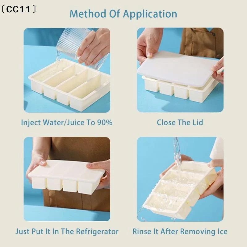 Food Storage Ice Cube Mold Giant Silicone Freezer Trays Lid 4-Cubes Qme