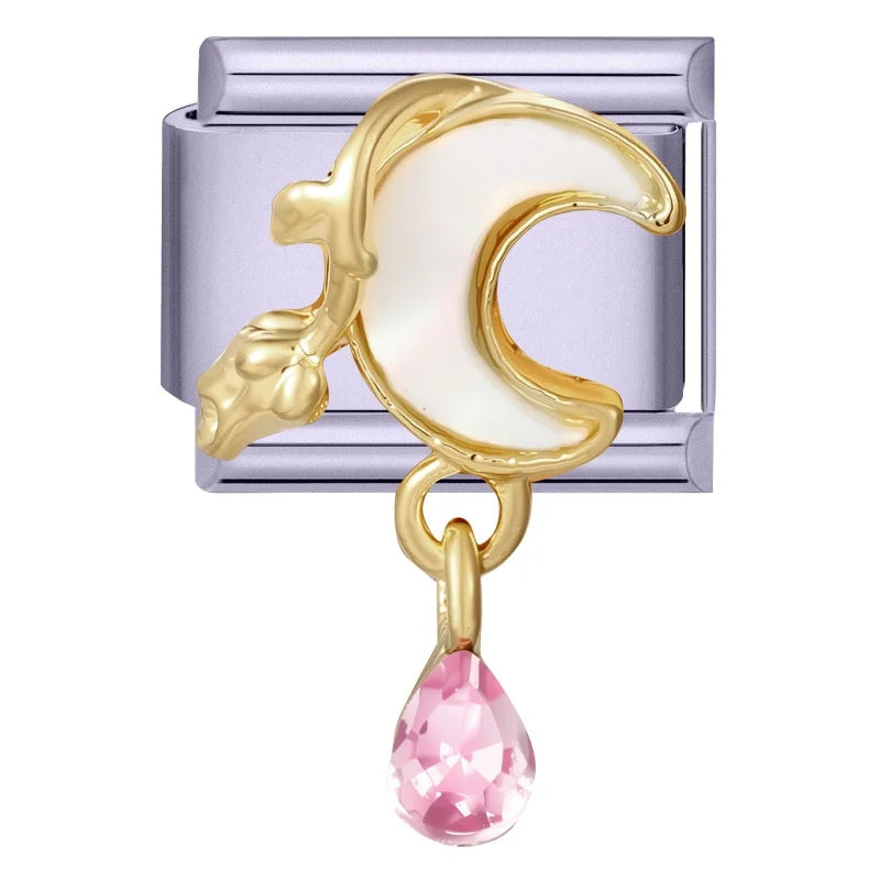 Sweet Shiny Gold Color Zircon Bow Moon Cherry Star Italian Charm Links Fit 9mm Stainless Steel Bracelet Women Jewelry DIY Making Qme Style 26