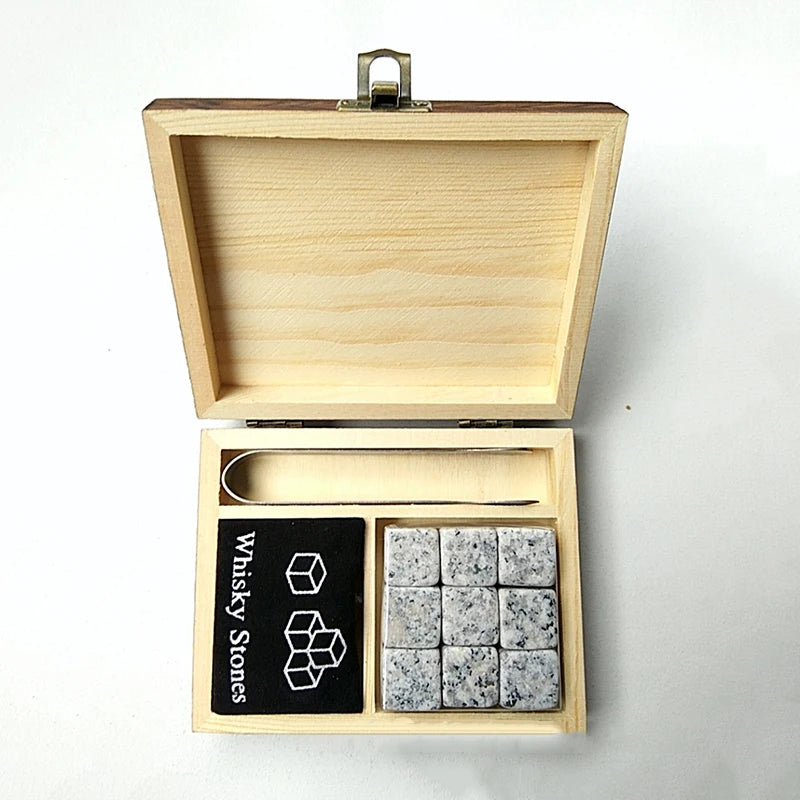 9 PCS Whisky Ice Stones Reusable Ice Cubes Bar Tools Whiskey Cooling Ice Stones Gifts For Whisky Lovers Stone Wooden Box Set Qme Gray Texture