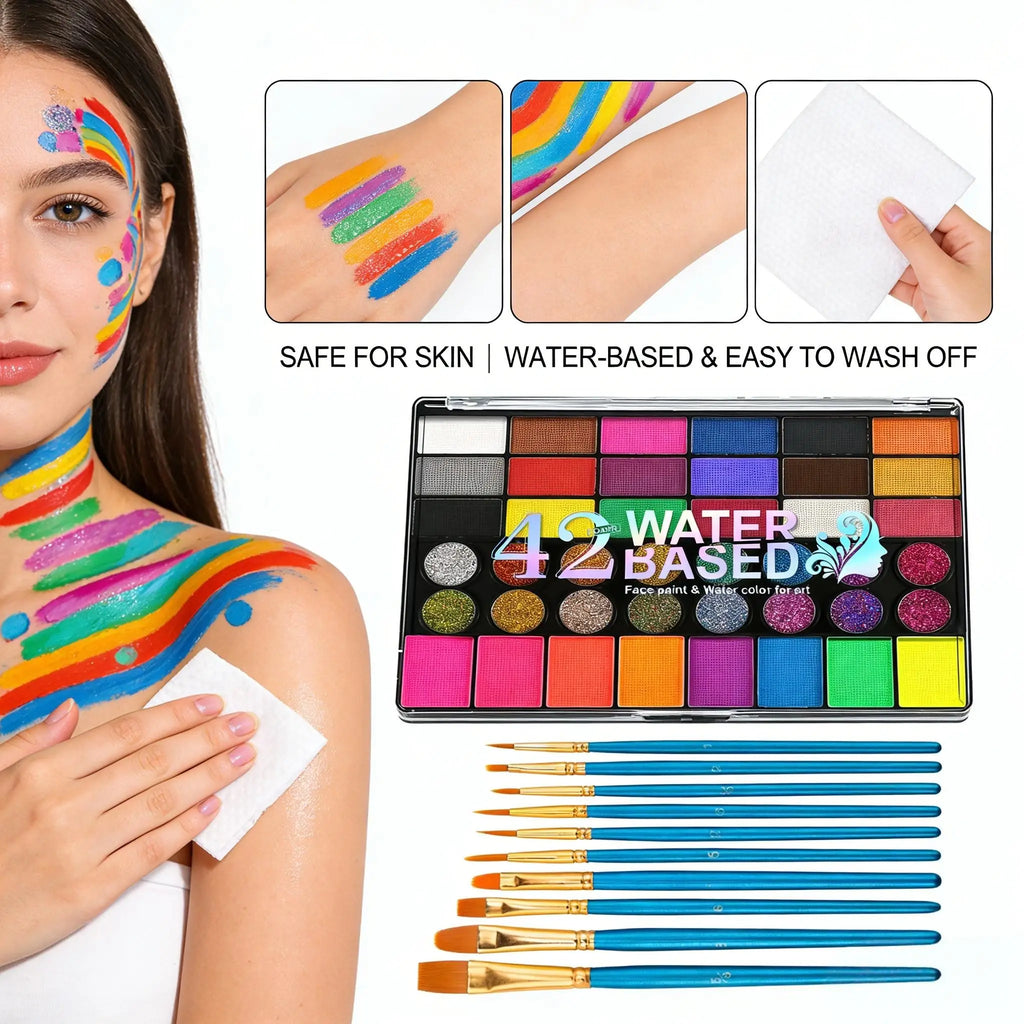 42 Colors Water Based Face Body Paint 10 Brushes Safe Non-toxic Qme