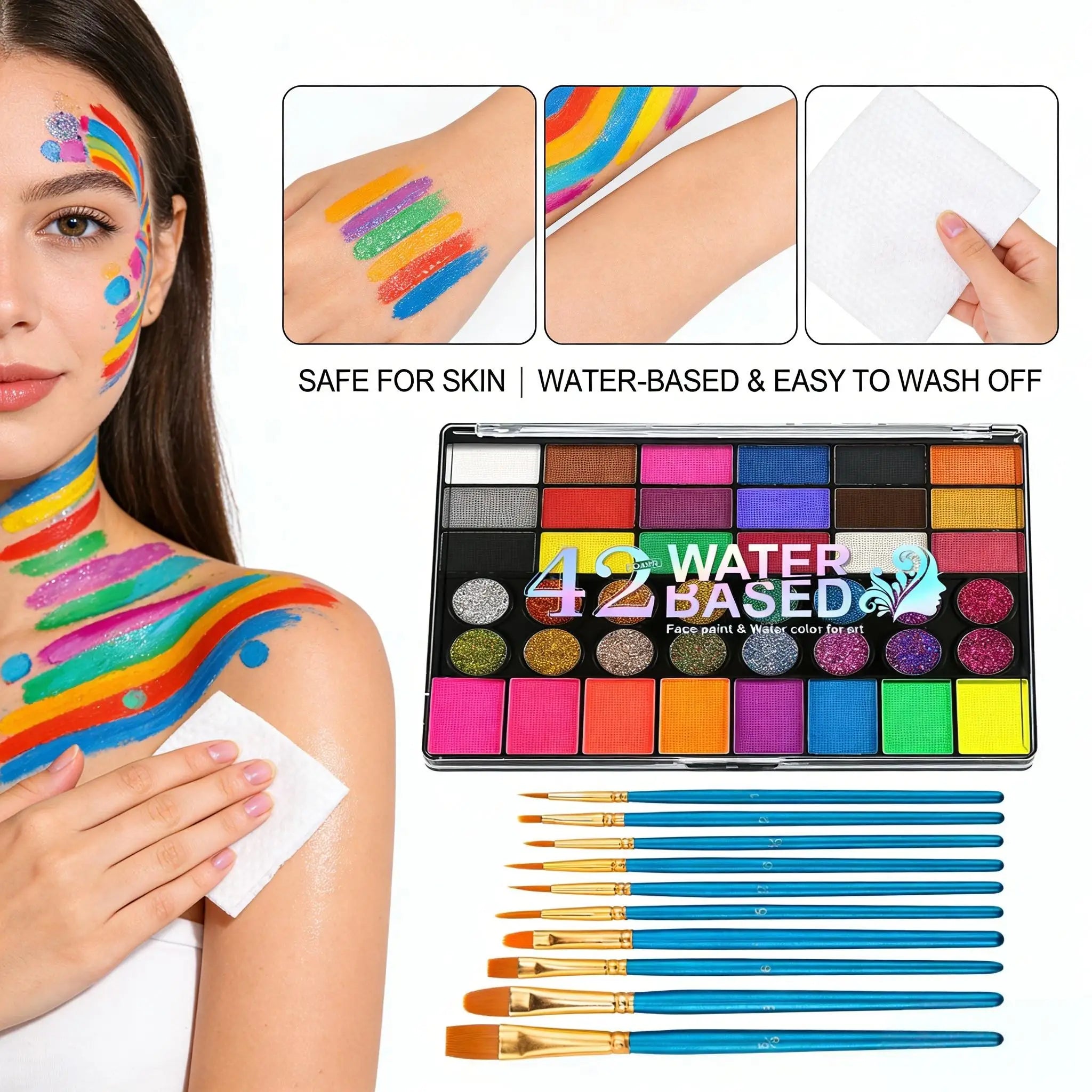 42 Colors Water Based Face Body Paint 10 Brushes Safe Non-toxic Qme