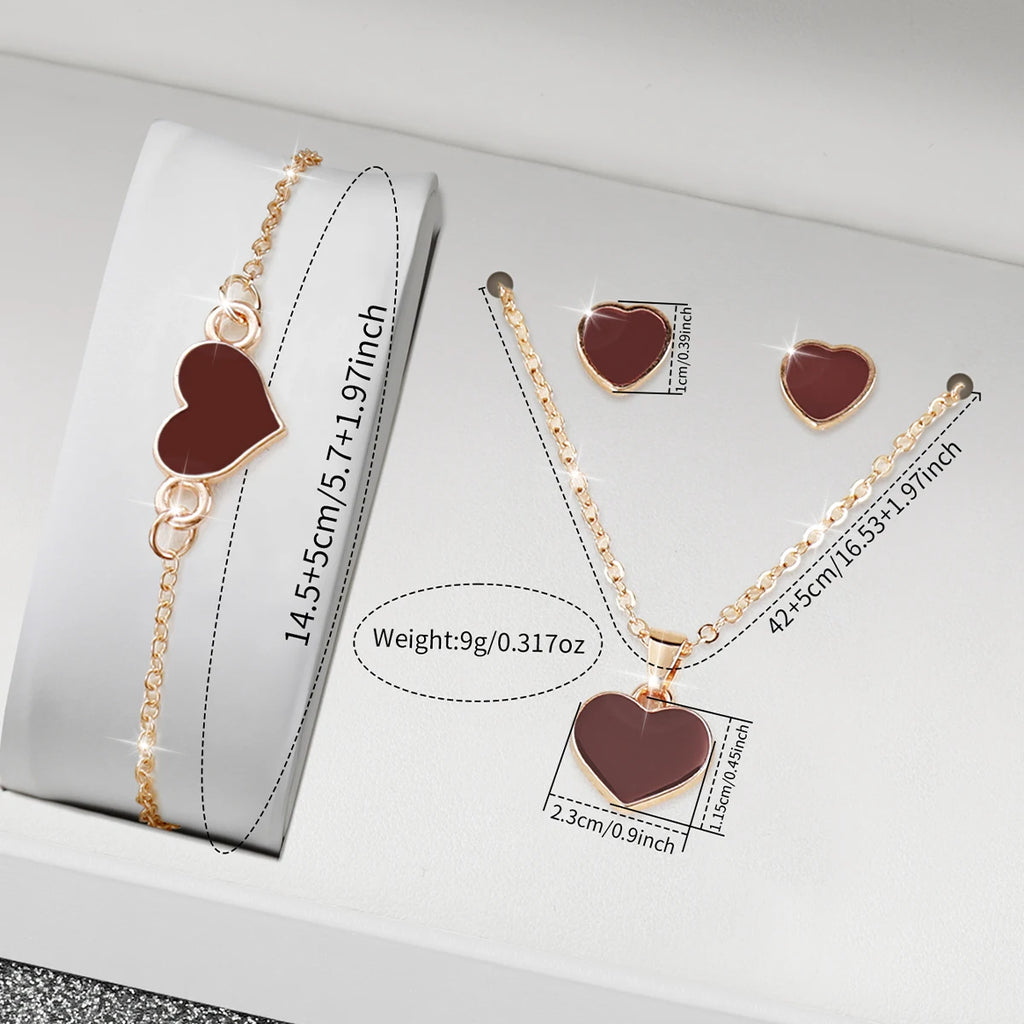 Women's Gold Watch Jewelry Set, 4Pcs Brown Dial Watch + Brown Heart Bracelet + Necklace + Earrings, Minimalist Elegant Style Qme