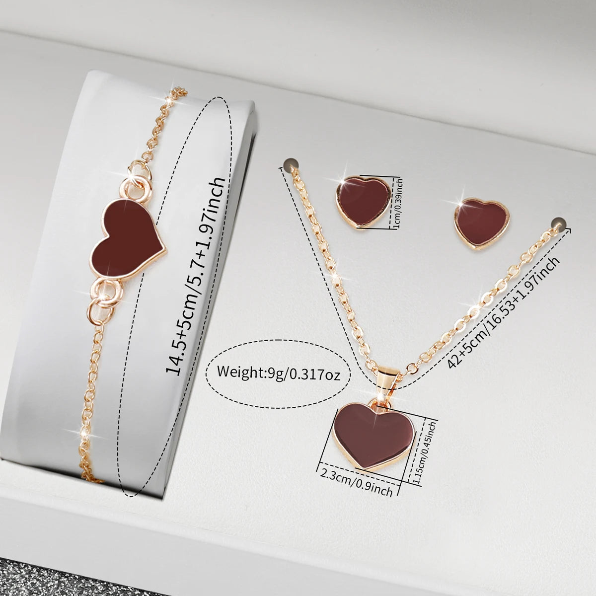 Women's Gold Watch Jewelry Set, 4Pcs Brown Dial Watch + Brown Heart Bracelet + Necklace + Earrings, Minimalist Elegant Style Qme