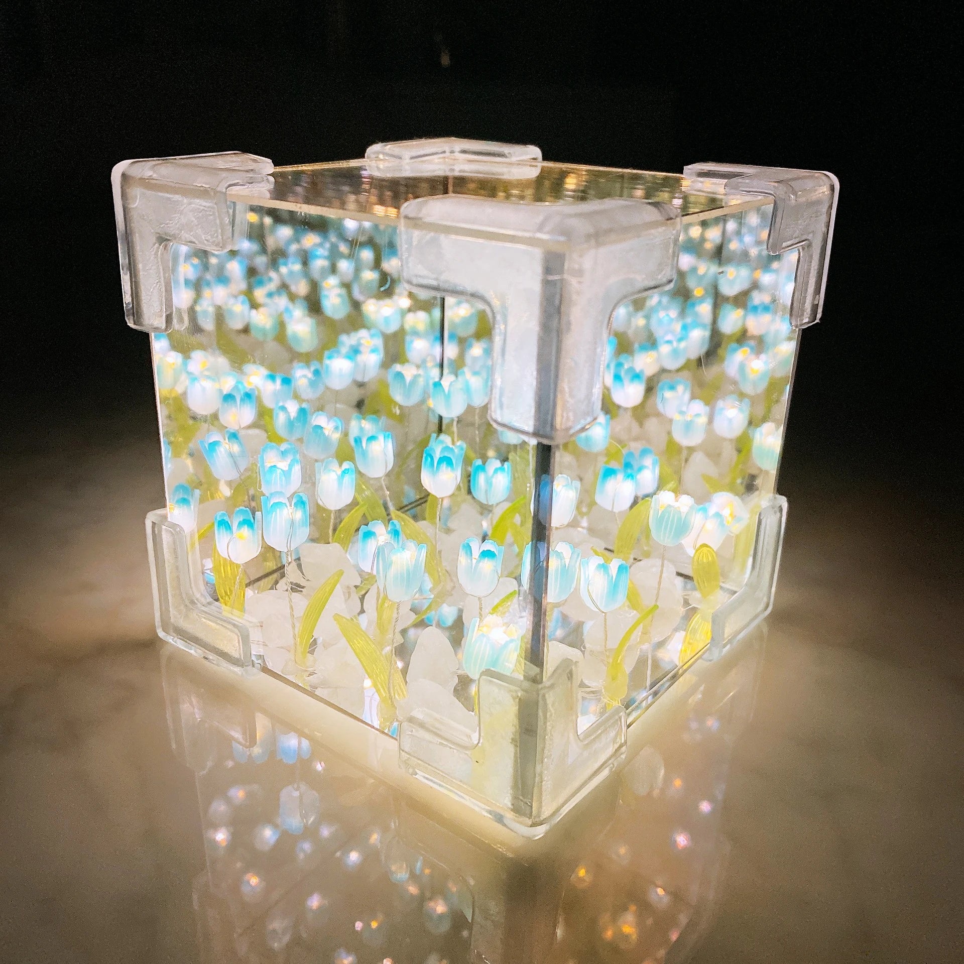 DIY Tulip Lamp Three-Dimensional Transparent Cuby Nightlight Lamp And Mirror 2 In 1 Anniversary Couple Gifts Bedroom Decorations Qme Blue