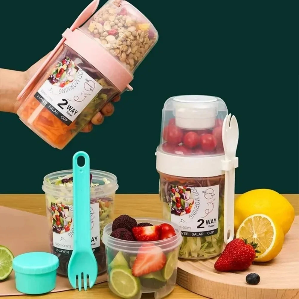 Portable Salad Double Layer Cup Fruits Oatmeal Yogurt Breakfast Lunch Box Food Storage Cup Outgoing Overnight Cup with Lid Spoon Qme