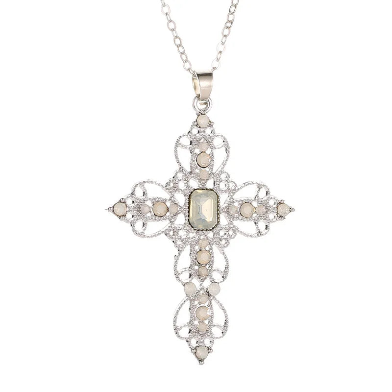 Hot Sale Fashionable Classic Necklace Irregular Goth Large Cross Pendant Necklaces for Women and Girls Zircon Cross Necklace Qme White
