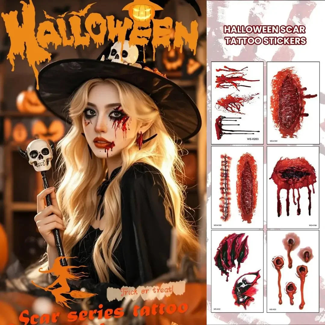 A 10pcs Waterproof Halloween Tattoo Stickers Bleeding Wound Scar Temporary Tattoos for Women Men Fake Tattoo For Halloween Party Qme
