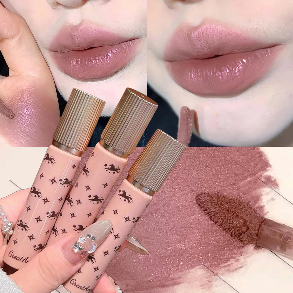 Shiny Matte Lipstick Moisturizing Lasting Pink Purple Sparkling Waterproof Nude Rose Lip Mud Glitter Makeup Cute Horse Pattern Qme