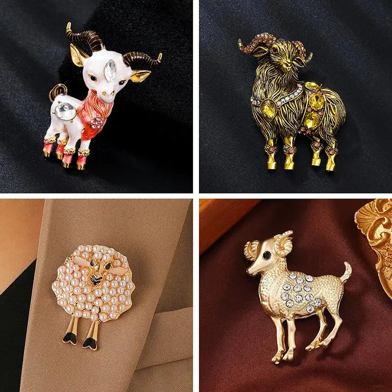 Elegant Sheep Goat Shaped Brooch Rhinestone Pearls Lapel Pin Animal Brooch Perfect For Daily Wear Party Dresses Qme