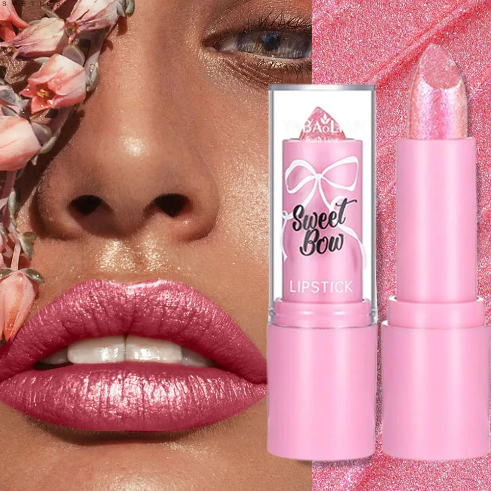Metallic Pink Glitter Lipstick Long Lasting Shine Diamond Nude Qme