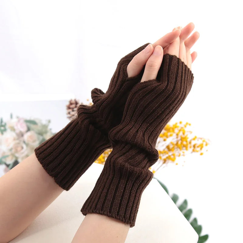 Long Fingerless Gloves Women Mitten Winter Arm Warmer Kawaii Knitted Qme Brown one size