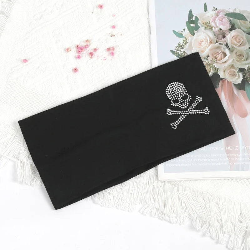 Unisex Wide Yoga Elastic Headband Fashion SKull-pattern Makeup Soft Qme black