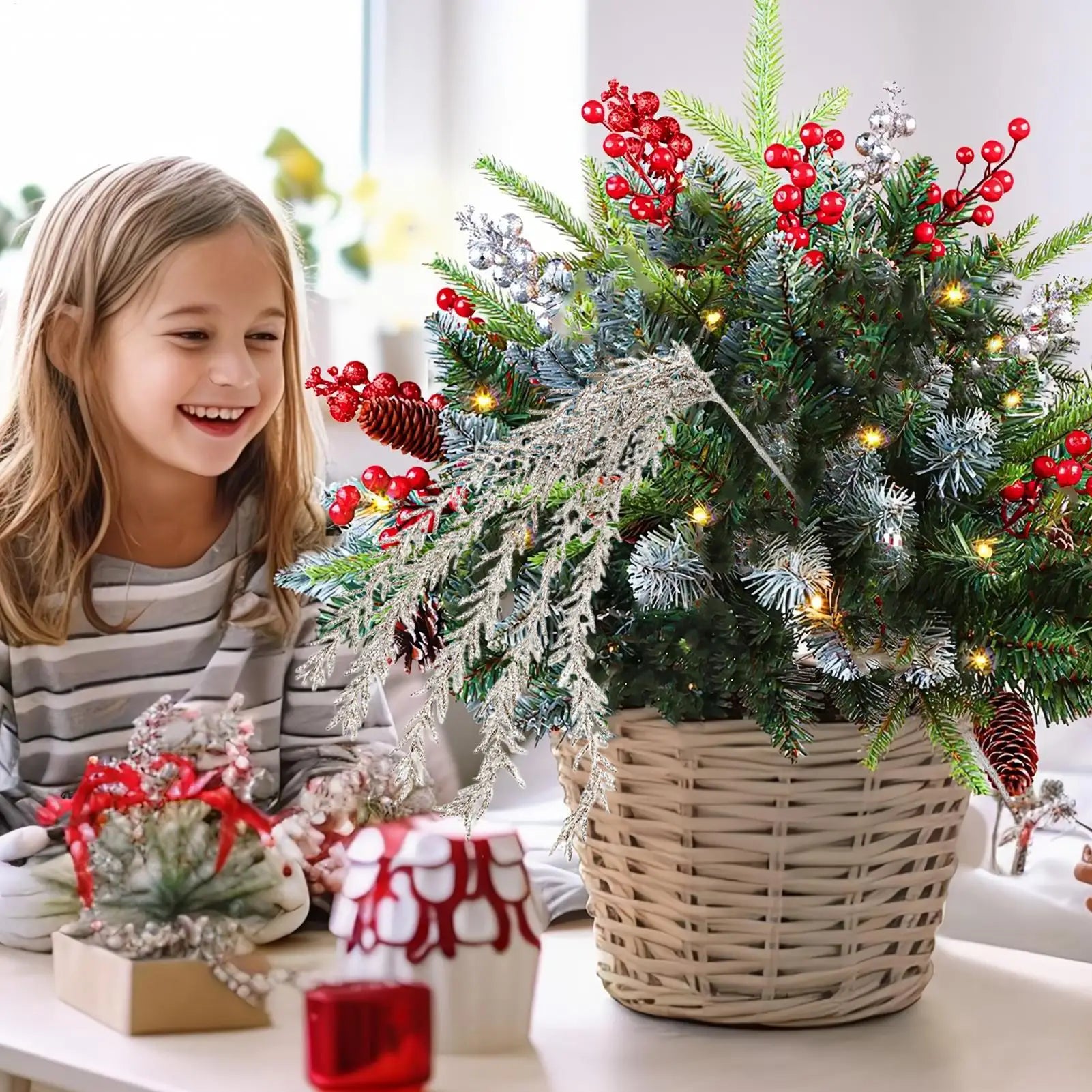 Christmas Picks Tree Glitter Branches Decorations Greenery Crafts Qme