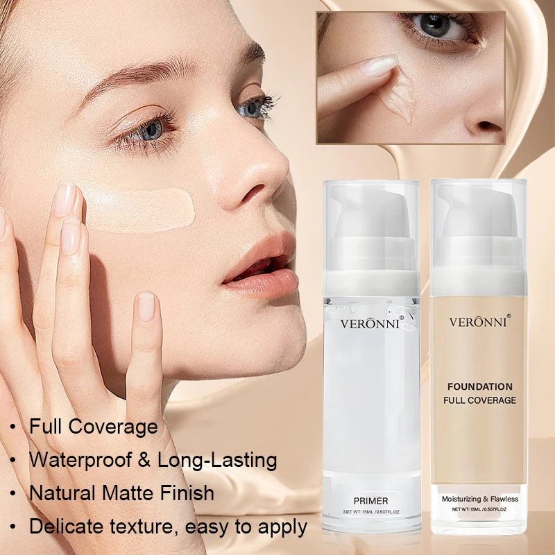 VERONNI Full Coverage Foundation& Hydrating Primer Foundation Brush Qme