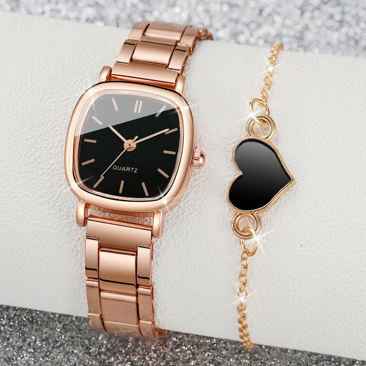 Elegant Rose Gold Square Quartz Watch Heart Bracelet Qme