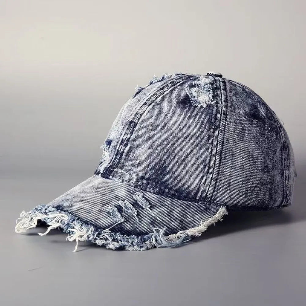Vintage Washed Denim Baseball Cap Distressed Ripped Fringe Frayed Qme