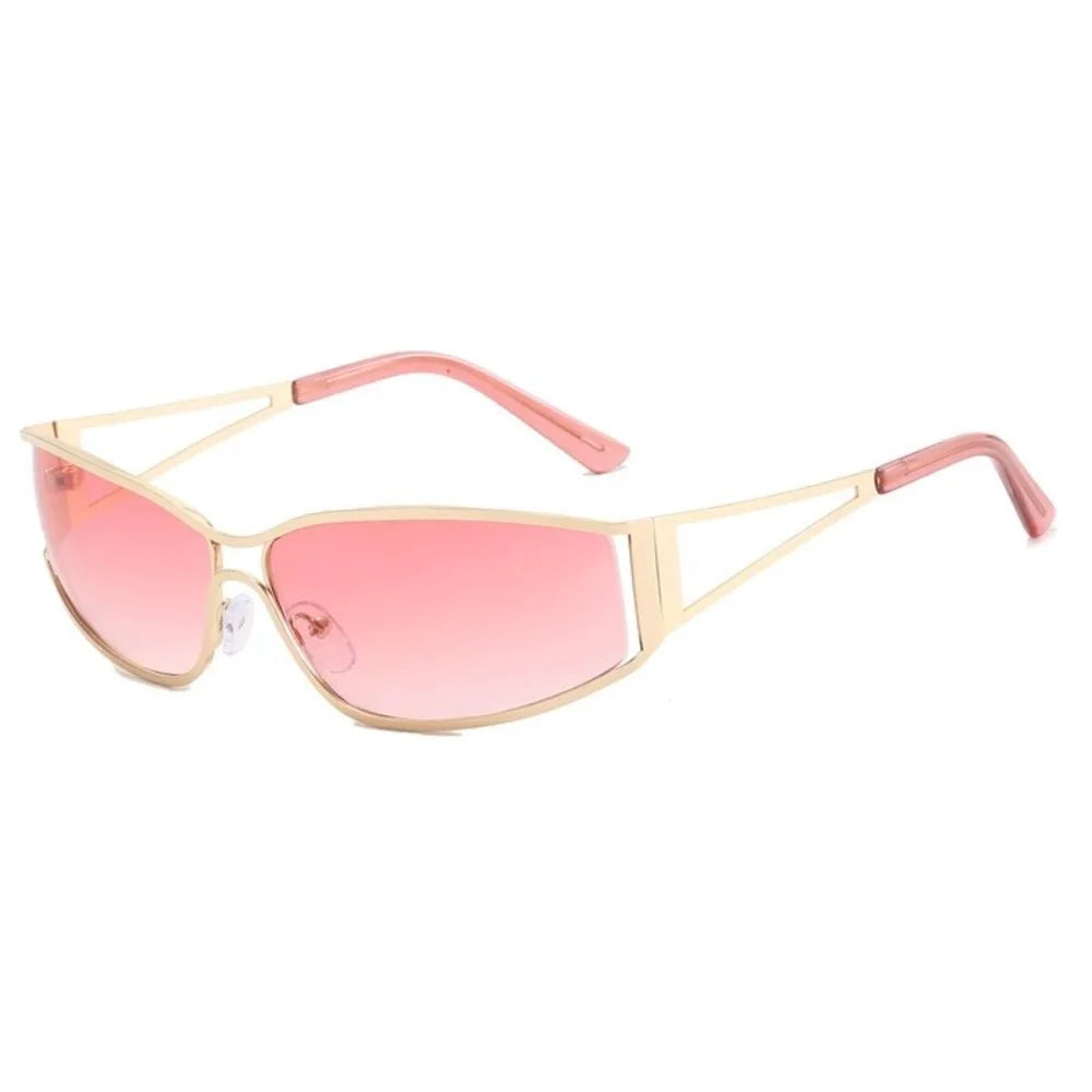 Vintage Y2k Frameless Sunglasses Metal Steampunk Rimless Oval Sunglasses Gradient Solid Color Fashion Shades Driving Qme Pink