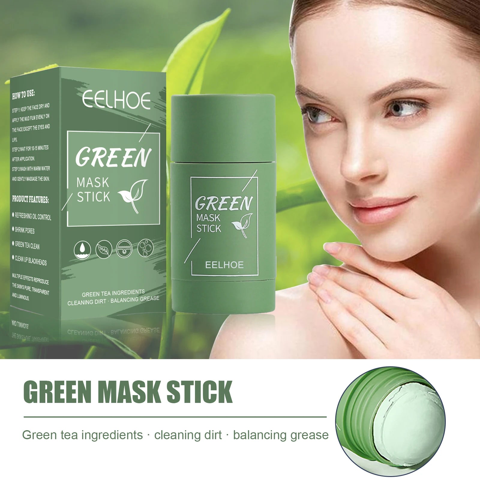 Green Tea Solid Mask Face Clean Mask Stick Shrink Pores Deep Cleans Acne Blackhead Remover Facial Cleansing Moisturizing Mask Qme