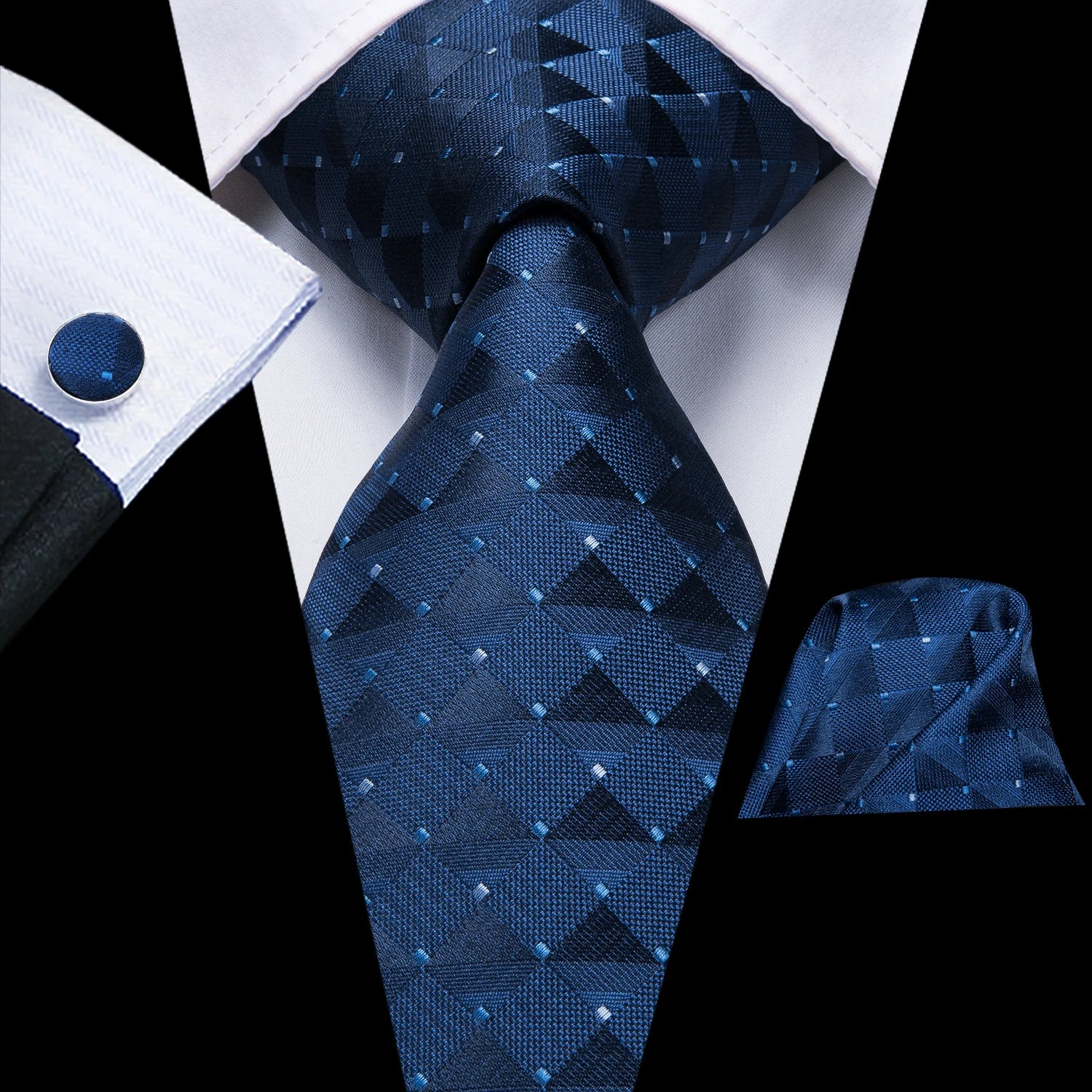 Business Tie Men Silk Blue Dots Necktie Plaid Cufflinks Wedding Qme LDSN3525