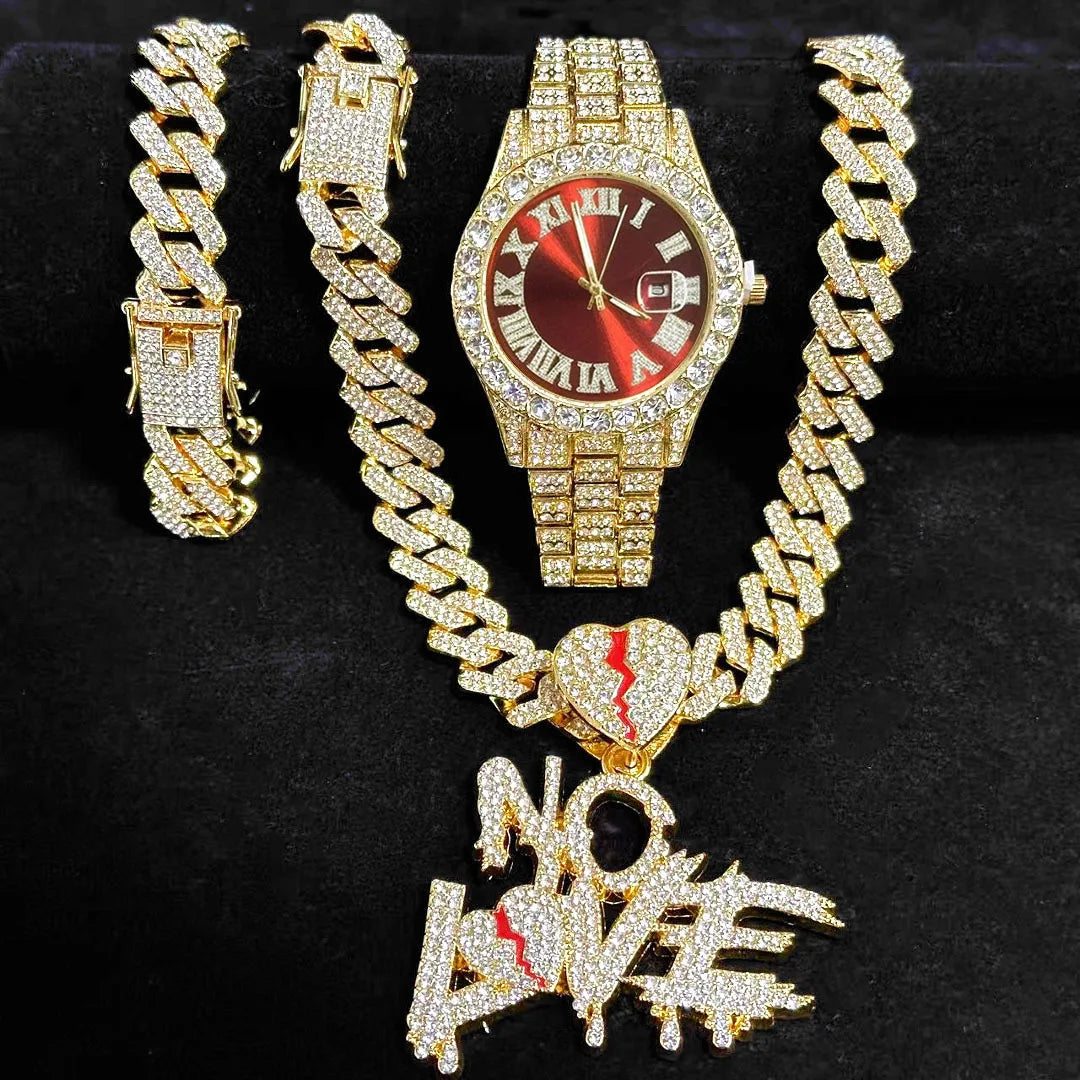3-in-1 Hip Hop Jewelry Set for Men, Gold Iced Out Watch + Cuban Link Chain + "NO LOVE" Pendant Necklace + Bracelet, Gold Tone Qme Bronze