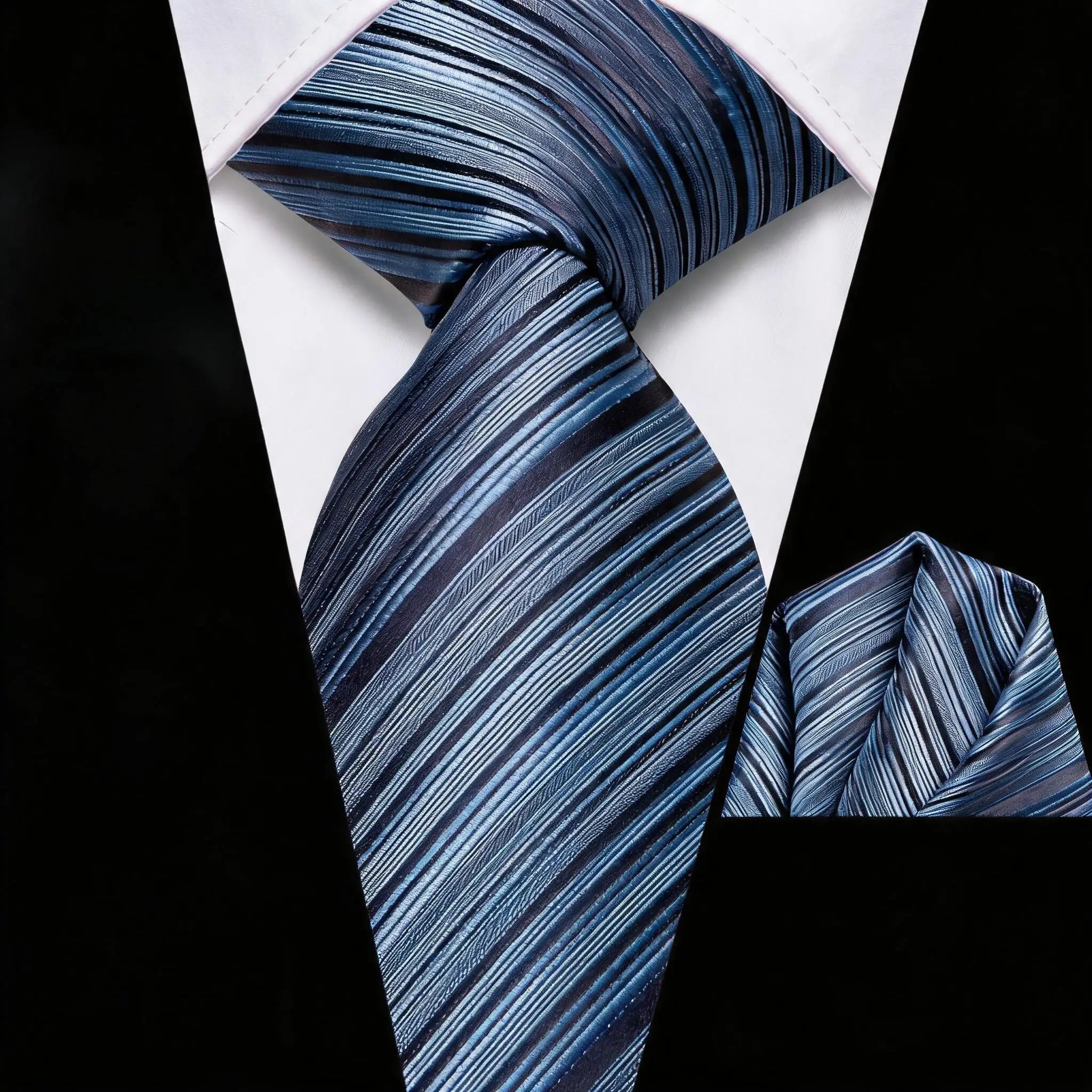 Diagonal Striped Tie Pocket Square Blue Black Brown Gold Men Formal Qme HT-LDSN2117
