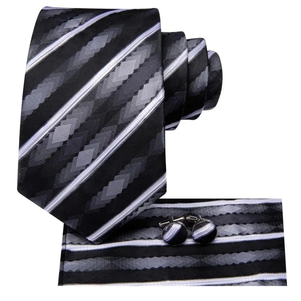 Hi-tie Striped Black White Silk Elegant Tie Men Groom Wedding Necktie Qme
