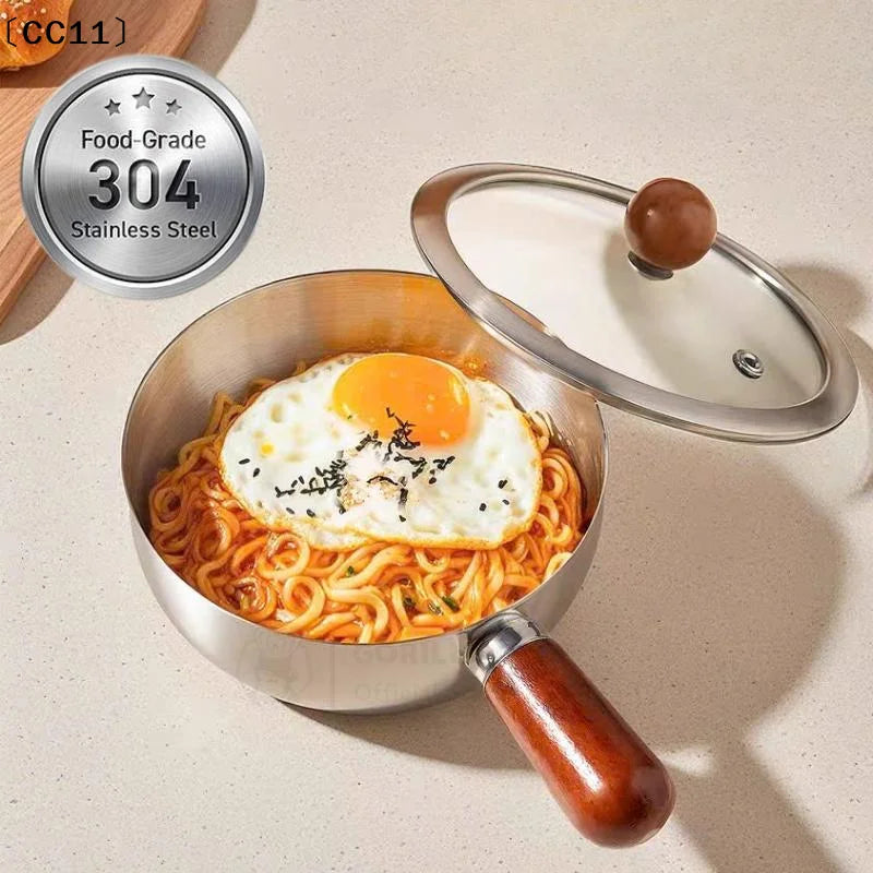 Stainless Steel Cooking Pans Wooden Handle Glass Lid Multi-purpose Qme