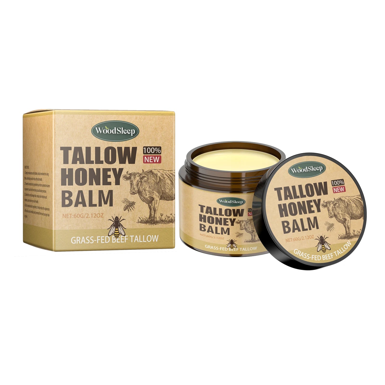 Beef Tallow Honey Balm Moisturizing Hydrating Face Cream Body Lotion Fades Fine Lines Tighten Soothen Brightening Facial Skin Qme 60g Boxed