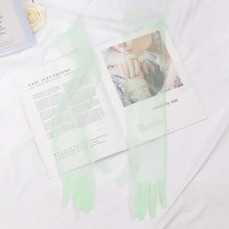 Women's Sexy Transparent Gloves Long Tulle Ultra Thin Full Finger Qme light green 55cm
