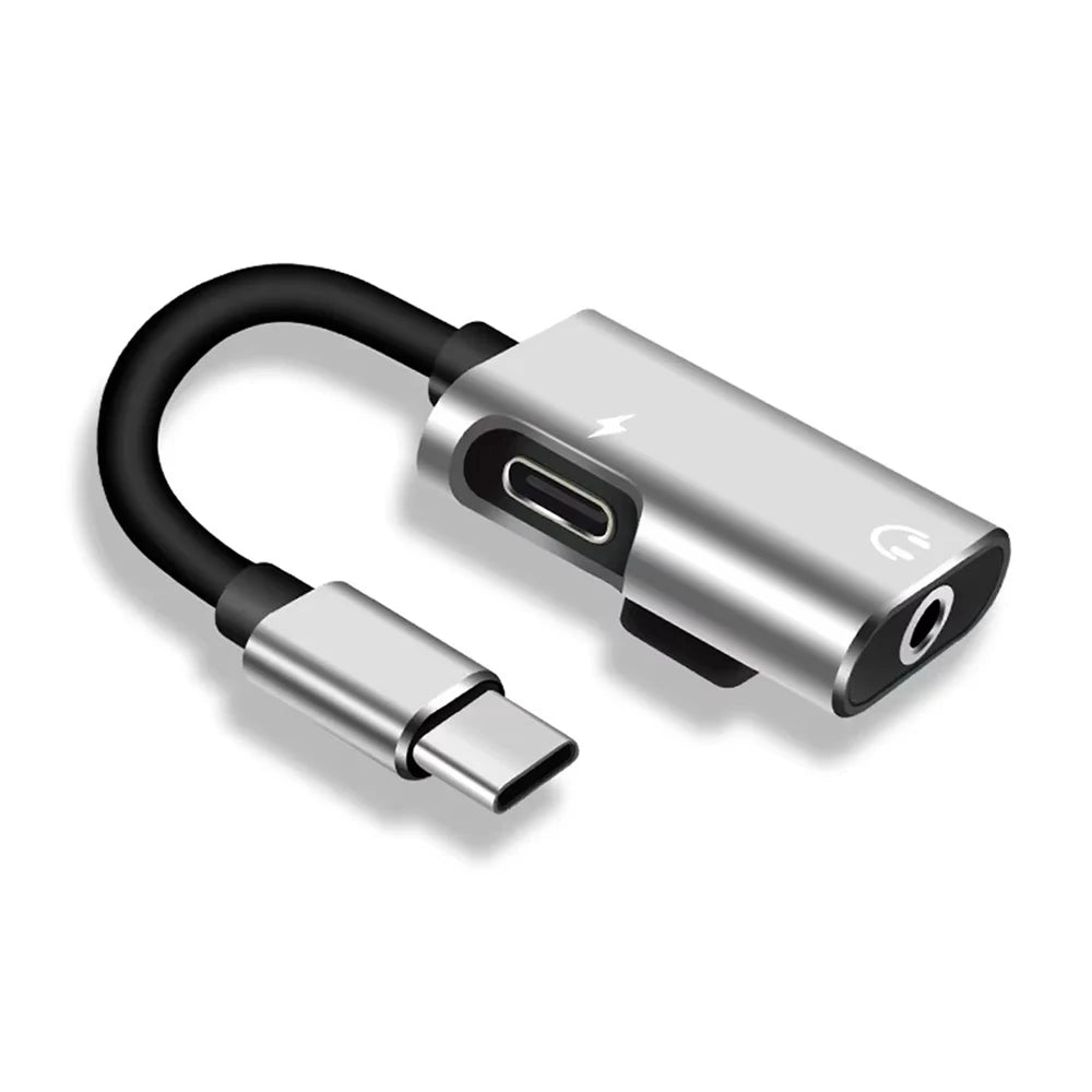 2 In 1 Dualport Dispense Type C To 3.5mm Jack Adapter Type C Audio Splitter Headphone Cable Earphone Adapter Charger Accessories Qme Silver