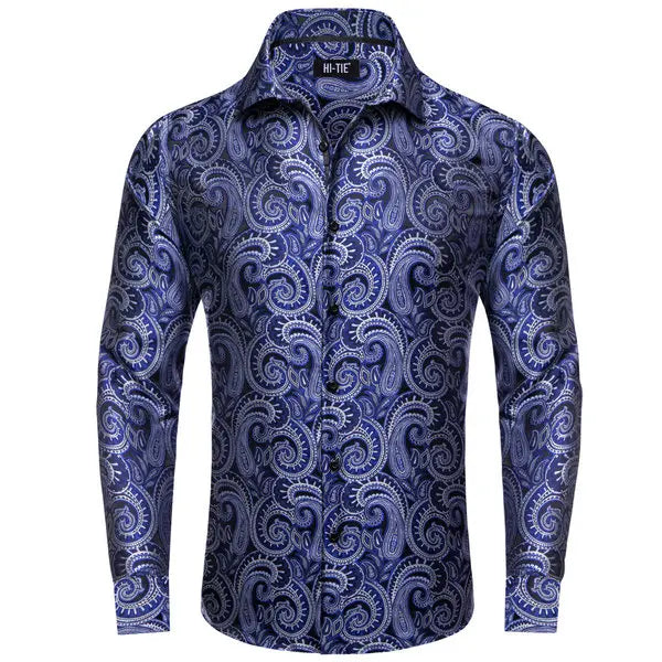 Single Paisley Long Sleeve Shirt Men, Gold or Purple or Black or Blue or Brown, Loose Button Collar Daily Casual Wear Qme HT-CYDJ1169 S