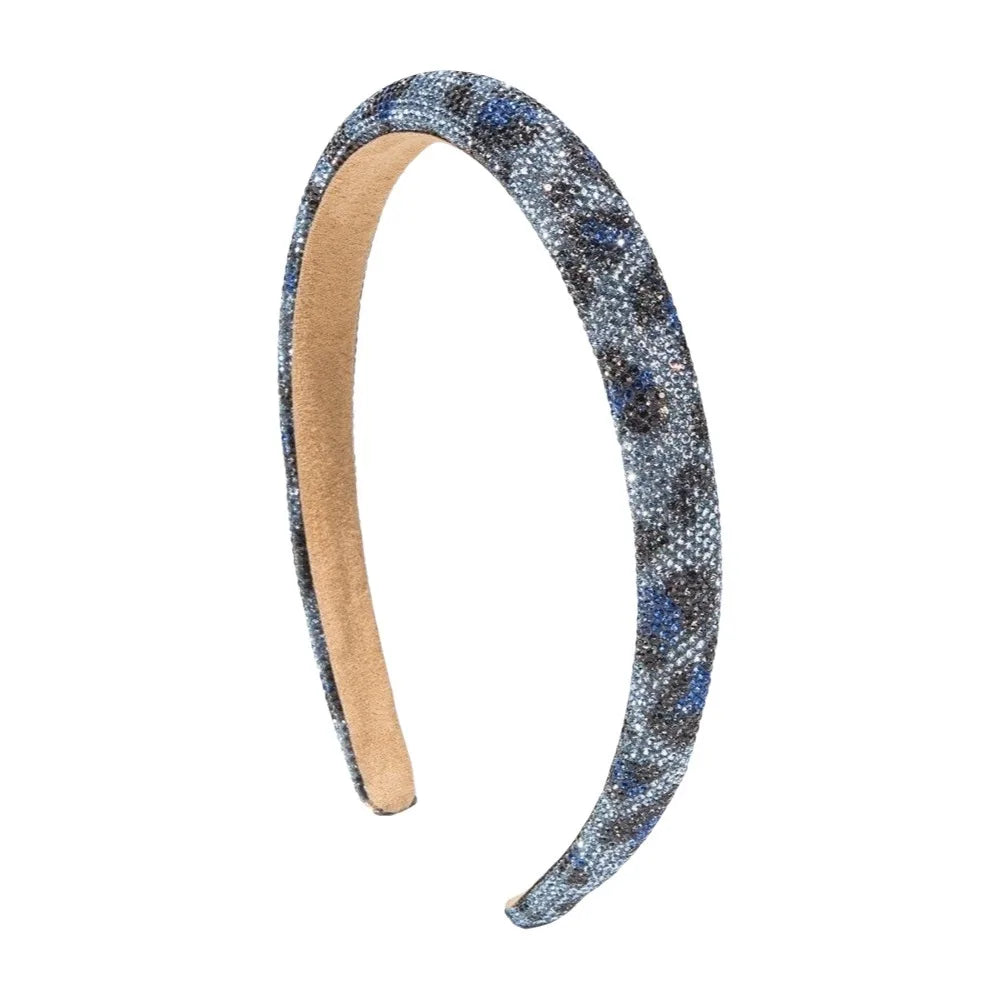 Simple Bling Rhinestone Headband Wide Luxury Leopard Print Hairband Non-slip Glittering Women Hair Hoop Banquet Qme Blue