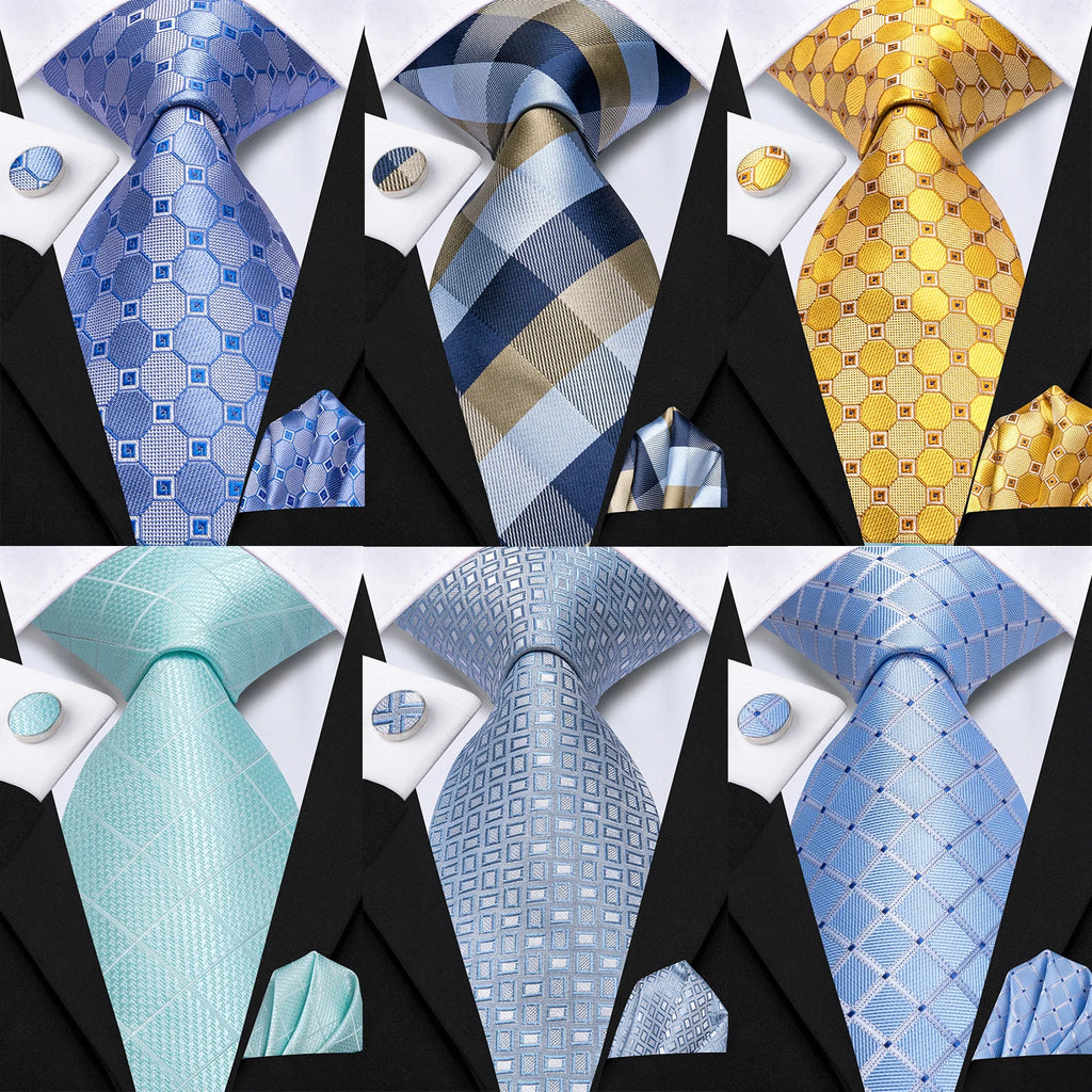 Hi-Tie Fashion 8.5cm Plaid Dots Men's Elegant Tie Handkerchief Cufflinks Set Wedding Party Accessories Gift for Men Gravats Qme