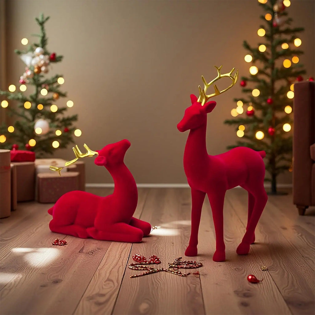 Christmas Deer Flocking Christmas Animals 2 Pieces Red And Green Aesthetic Standing Sitting Elk Statue For Workplace Bedside Qme