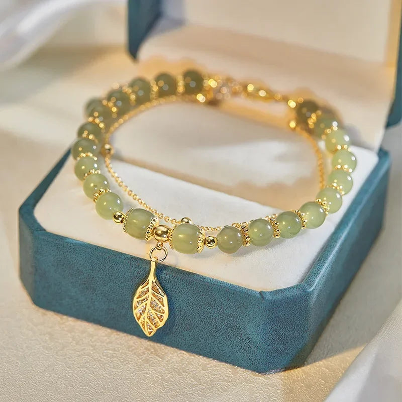 Fashion Creative Lucky Natural Hotan Jade Bracelet Vintage Light Luxury Handmade Jewelry Bracelet Chinese Style Jewelry Gift Qme green leaf