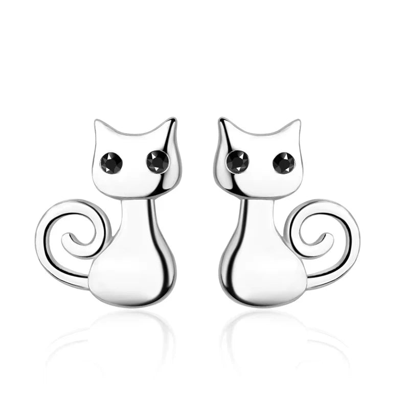Cute Lovely Stud Earrings For Women Smart Cat Shape Jewelry Shiny Black Cubic Zirconia Top Quality 925 Sterling Silver Color Qme Default Title
