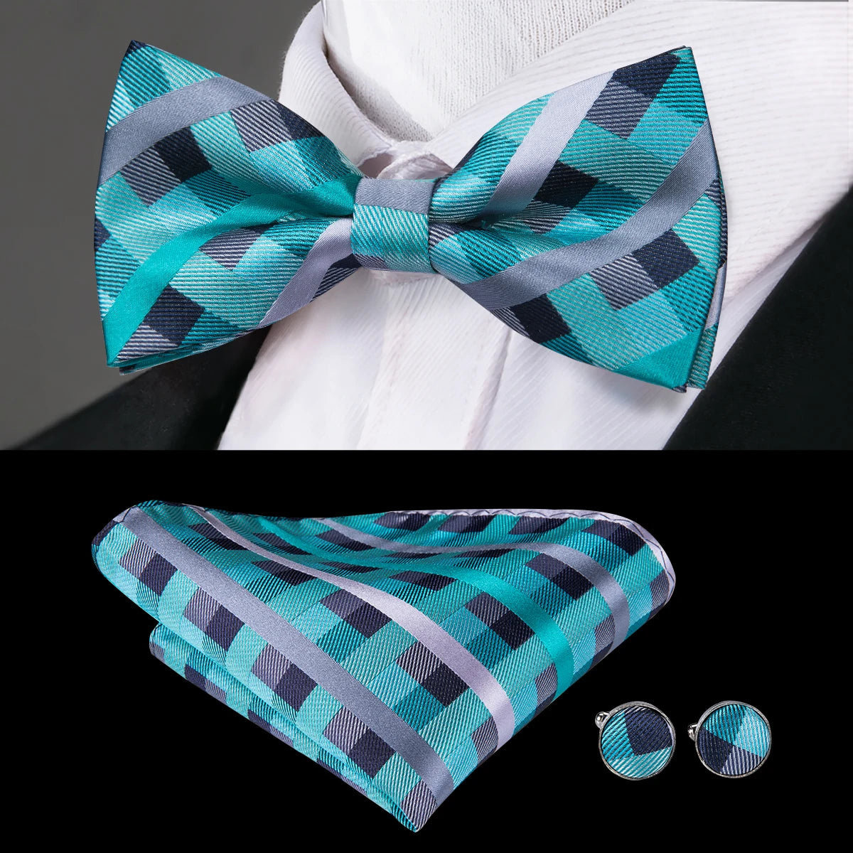Hi-tie Pre-tied Mens Bowtie Hanky Cufflinks Bow Tie Cravat Male Qme LH-0794