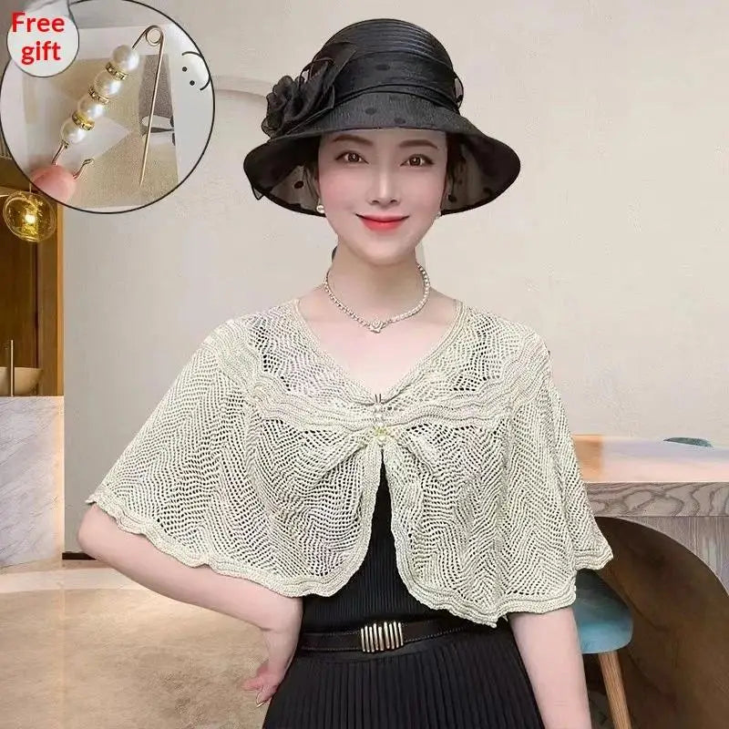 Fashion Knitted Shawl Brooch Hollow Out Summer Air Conditioning Fake Qme Apricot