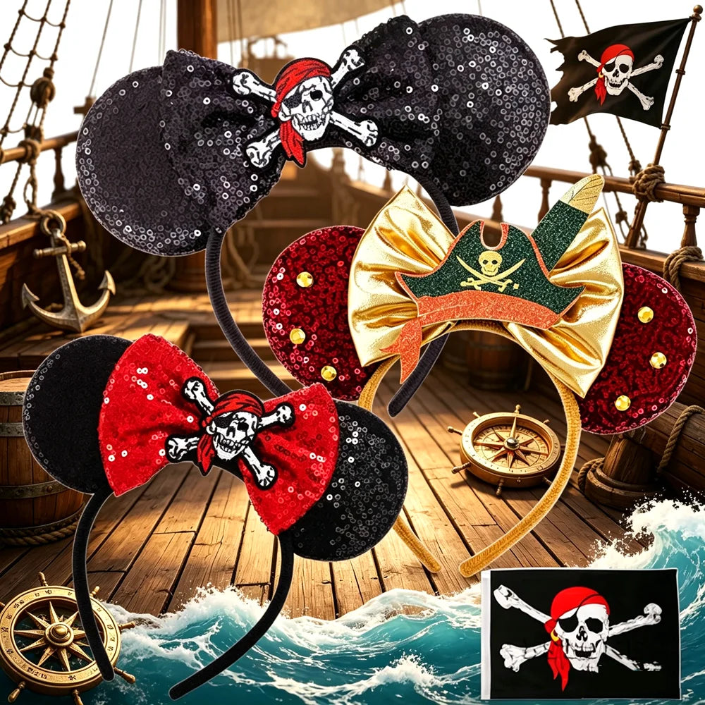 Skull Crossbones Pirate Mickey Mouse Ear Headband Women Adult Cosplay Halloween Hairband Festival Party Cosplay Hair Accessories Qme